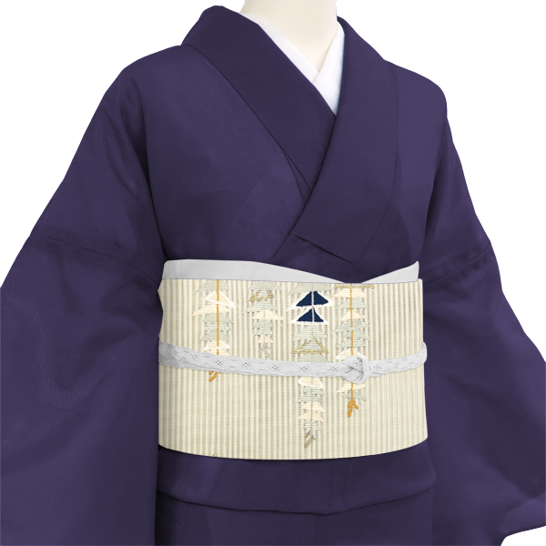 絽綴れ八寸名古屋帯 手織 幾何学文様 藤 練色 生成り［41,800円］ 枚目