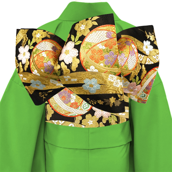高島織物 振袖用袋帯 西陣織 絹 鞠 熨斗 桜 松 黒 金［126,500円］ 枚目