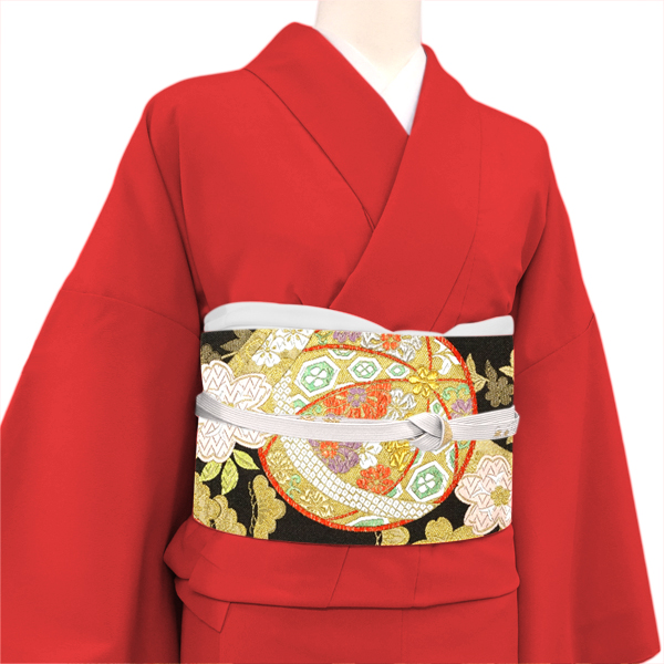 高島織物 振袖用袋帯 西陣織 絹 鞠 熨斗 桜 松 黒 金［126,500円］ 枚目