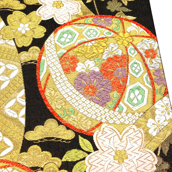 高島織物 振袖用袋帯 西陣織 絹 鞠 熨斗 桜 松 黒 金［126,500円］ 枚目