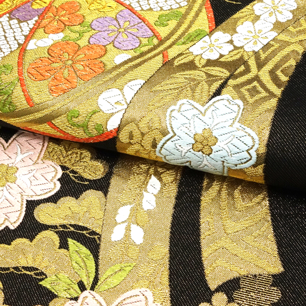 高島織物 振袖用袋帯 西陣織 絹 鞠 熨斗 桜 松 黒 金［126,500円］ 枚目