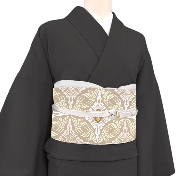 都（みやこ）袋帯 唐織 七宝鳥文 鳥襷文 灰梅色 グレーベージュ［176,000円］ 枚目