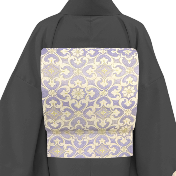 西陣まいづる 袋帯 西陣織 絹 優彩花菱文 花菱 アラベスク 薄紫 シルバー［110,000円］ 枚目