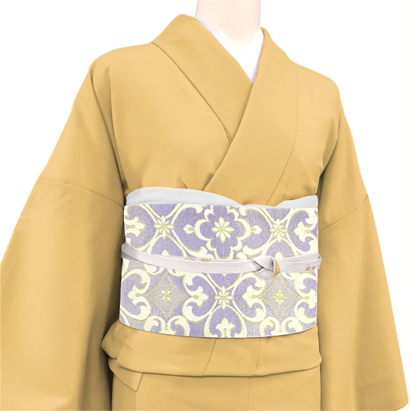 西陣まいづる 袋帯 西陣織 絹 優彩花菱文 花菱 アラベスク 薄紫 シルバー［110,000円］ 枚目