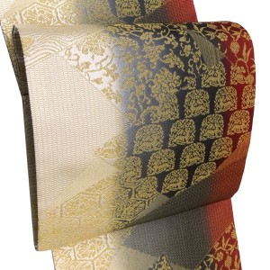 中賀和 袋帯 絹 ベージュ×グレー×赤 きりばめ［58,300円］