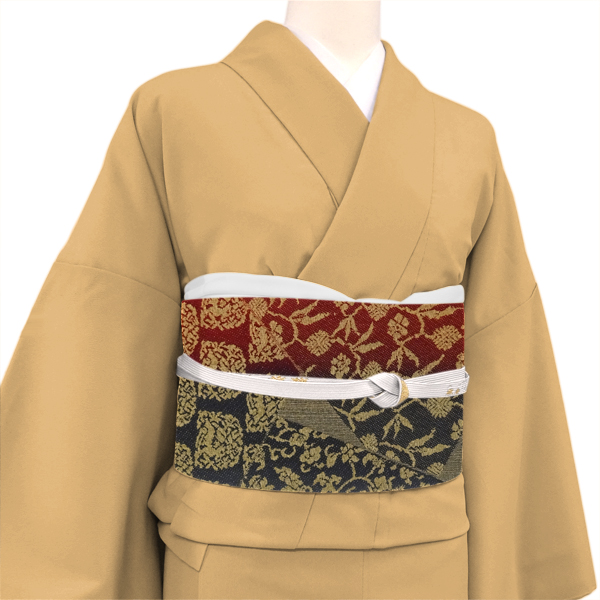中賀和 袋帯 絹 ベージュ×グレー×赤 きりばめ［58,300円］ 枚目