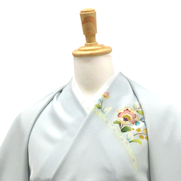 吉澤の友禅 付下 訪問着 正絹 斜め縞 唐花 更紗 水色［253,000円］ 枚目