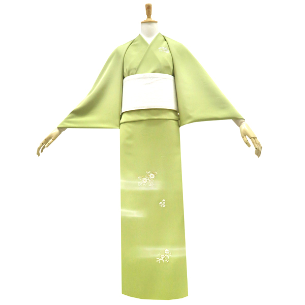 紫峯 刺繍付下 正絹 更紗 花唐草 刷毛目 黄緑色[176,000円] 枚目