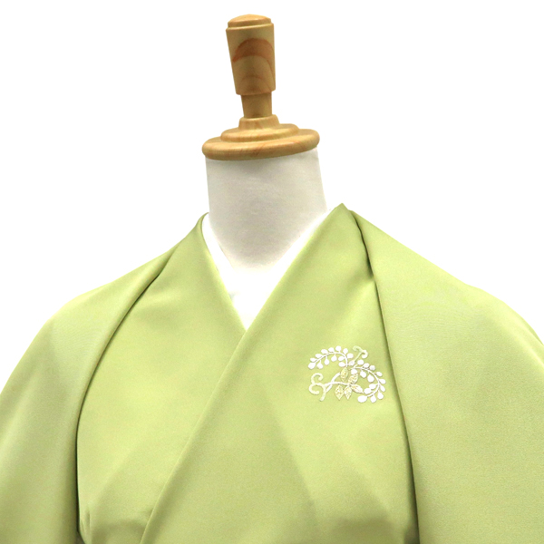 紫峯 刺繍付下 正絹 更紗 花唐草 刷毛目 黄緑色[176,000円] 枚目
