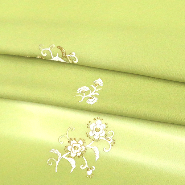 紫峯 刺繍付下 正絹 更紗 花唐草 刷毛目 黄緑色[176,000円] 枚目