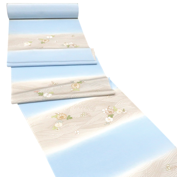 工芸キモノ野口 小紋 正絹 流水 菊 萩 水色 グレーベージュ[396,000円] 枚目