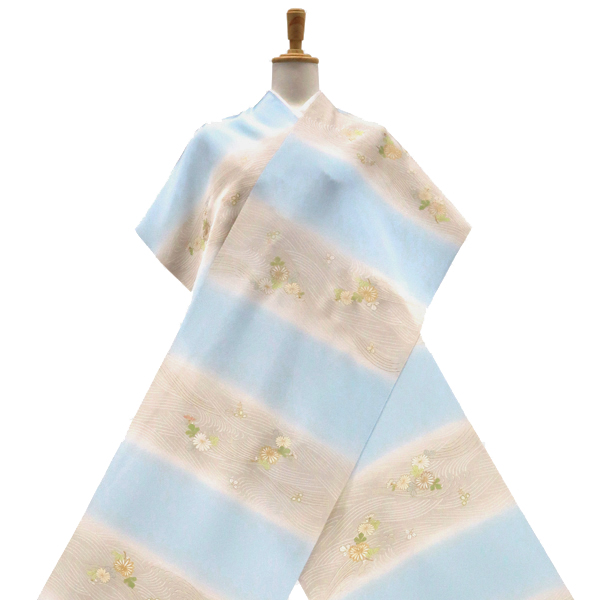 工芸キモノ野口 小紋 正絹 流水 菊 萩 水色 グレーベージュ[396,000円] 枚目