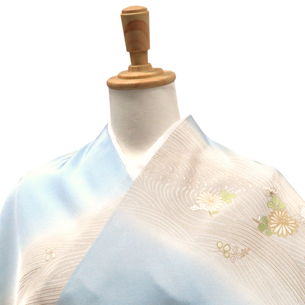 工芸キモノ野口 小紋 正絹 流水 菊 萩 水色 グレーベージュ[396,000円] 枚目