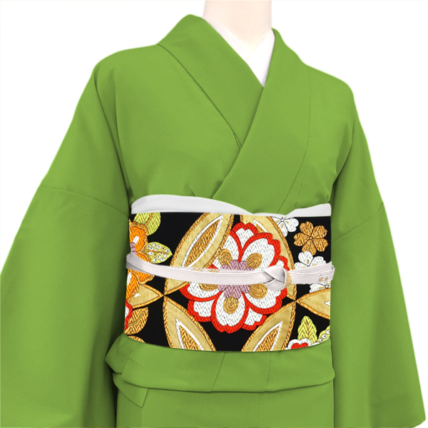 岡文織物 振袖用 袋帯 黒 成人式 絹 西陣織 輪繋ぎ 桜［66,000円］ 枚目