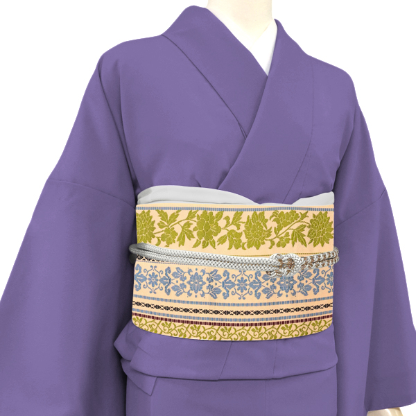 井上絹織 博多帯 名古屋帯 正絹 ベージュ 間道 唐草 縞［58,300円］ 枚目