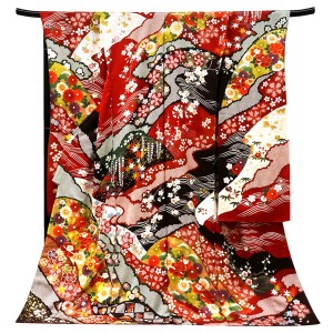 振袖 関芳 赤 古典柄 遠山 波 菊 正絹 成人式［143,000円］
