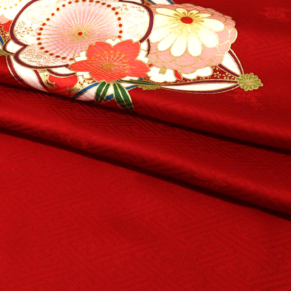 型染め京友禅 振袖 赤 古典柄 菊 梅 桜 松葉 花七宝 正絹 成人式 卒業式［143,000円］ 枚目