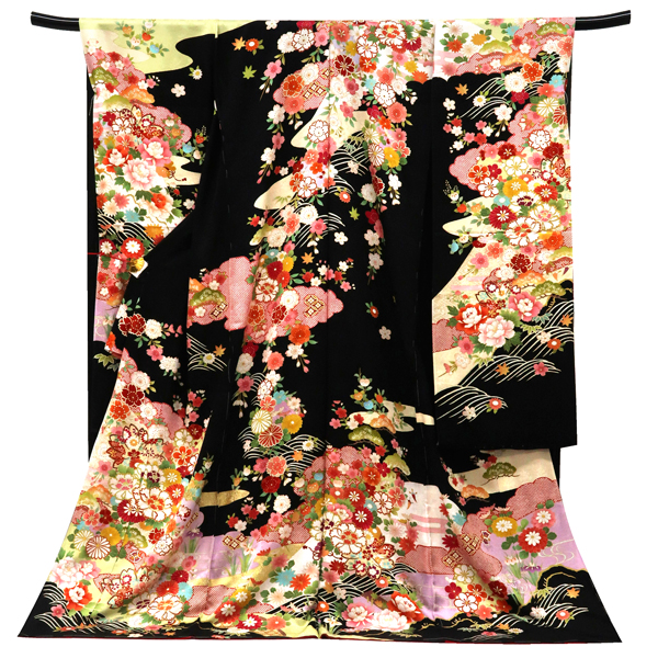 振袖 古典柄 花の丸 牡丹 桜 黒 正絹 成人式 卒業式［110,000円］ 枚目
