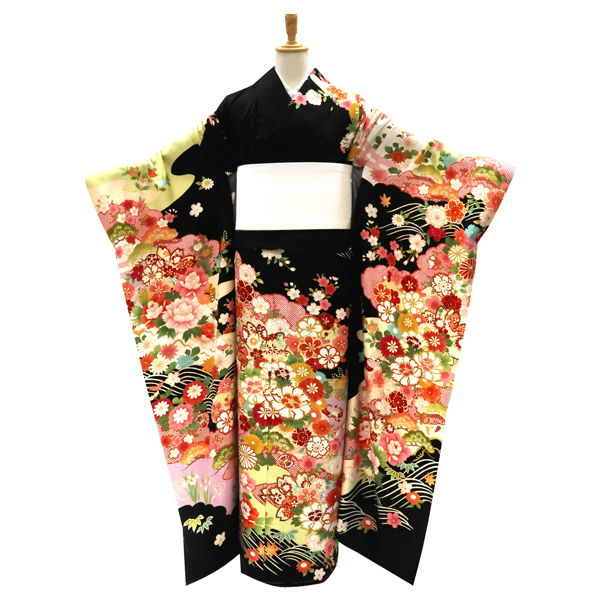 振袖 古典柄 花の丸 牡丹 桜 黒 正絹 成人式 卒業式［110,000円］ 枚目