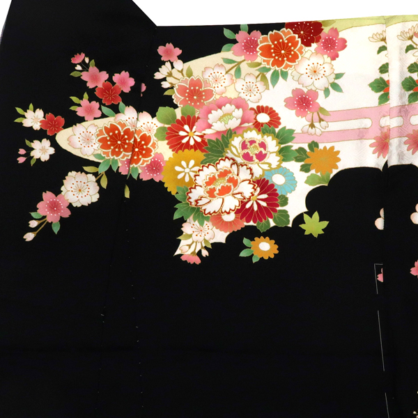 振袖 古典柄 花の丸 牡丹 桜 黒 正絹 成人式 卒業式［110,000円］ 枚目