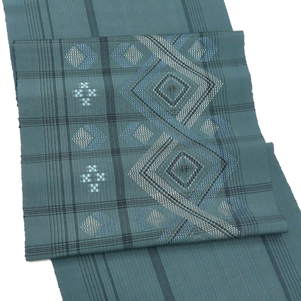 首里織 花織名古屋帯 てぃ花工房 神谷恵子 正絹 灰みの青 菱 九寸帯 カジュアル 沖縄県伝統工芸品［418,000円］ 枚目