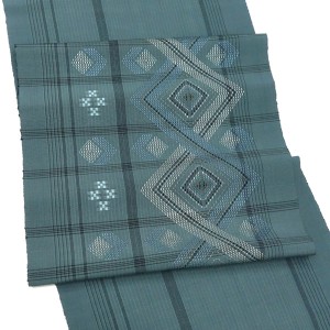 首里織 花織名古屋帯 てぃ花工房 神谷恵子 正絹 灰みの青 菱 九寸帯 カジュアル 沖縄県伝統工芸品［418,000円］