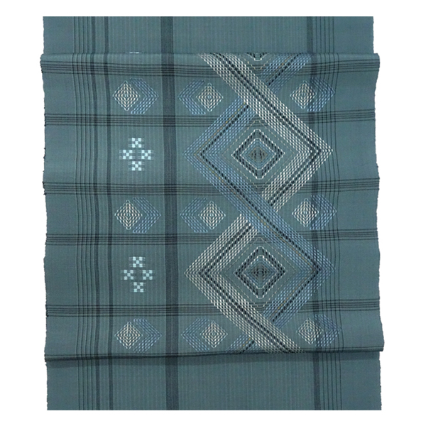 首里織 花織名古屋帯 てぃ花工房 神谷恵子 正絹 灰みの青 菱 九寸帯 カジュアル 沖縄県伝統工芸品［418,000円］ 枚目