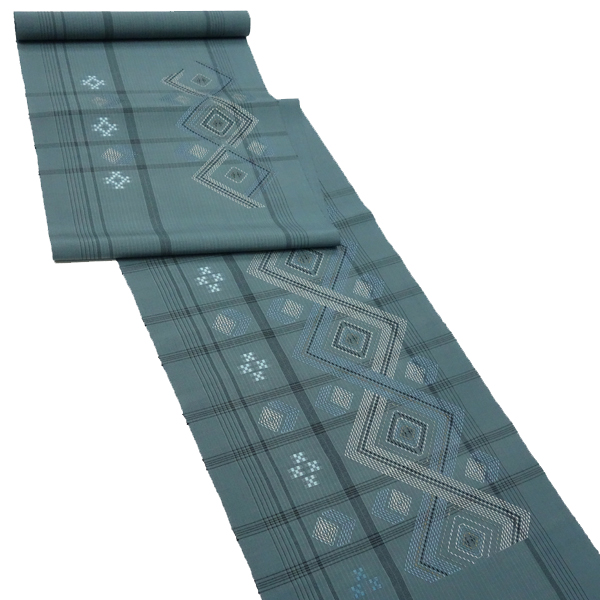 首里織 花織名古屋帯 てぃ花工房 神谷恵子 正絹 灰みの青 菱 九寸帯 カジュアル 沖縄県伝統工芸品［418,000円］ 枚目