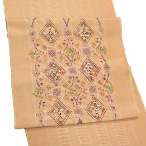 首里織 花織 名古屋帯 てぃ花工房 上原初子 正絹 薄オレンジ色 帯 九寸帯 カジュアル 沖縄県伝統工芸品［418,000円］