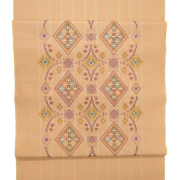 首里織 花織 名古屋帯 てぃ花工房 上原初子 正絹 薄オレンジ色 帯 九寸帯 カジュアル 沖縄県伝統工芸品［418,000円］ 枚目