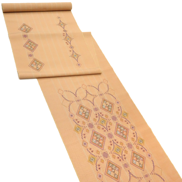 首里織 花織 名古屋帯 てぃ花工房 上原初子 正絹 薄オレンジ色 帯 九寸帯 カジュアル 沖縄県伝統工芸品［418,000円］ 枚目