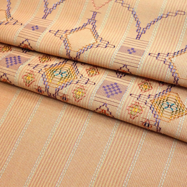 首里織 花織 名古屋帯 てぃ花工房 上原初子 正絹 薄オレンジ色 帯 九寸帯 カジュアル 沖縄県伝統工芸品［418,000円］ 枚目