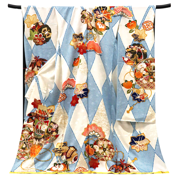 振袖 白 源氏車 宝尽くし 蝶 古典柄 疋田 ダイヤ市松 正絹 フォーマル 着物 成人式［143,000円］ 枚目