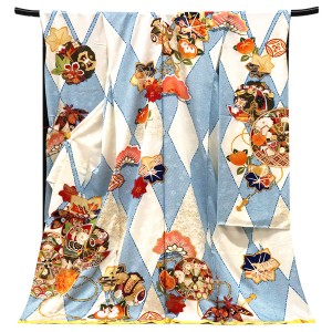 振袖 白 源氏車 宝尽くし 蝶 古典柄 疋田 ダイヤ市松 正絹 フォーマル 着物 成人式［143,000円］