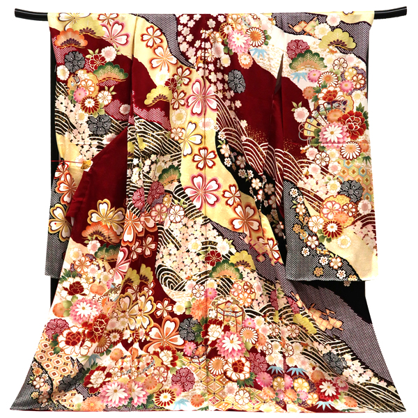 振袖 古典柄 道長取り 牡丹 松竹梅 ワインレッド 正絹 フォーマル 着物 成人式 枚目