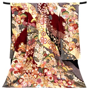 振袖 古典柄 道長取り 牡丹 松竹梅 ワインレッド 正絹 フォーマル 着物 成人式