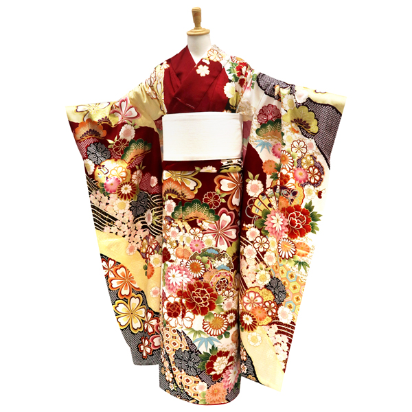 振袖 古典柄 道長取り 牡丹 松竹梅 ワインレッド 正絹 フォーマル 着物 成人式 枚目