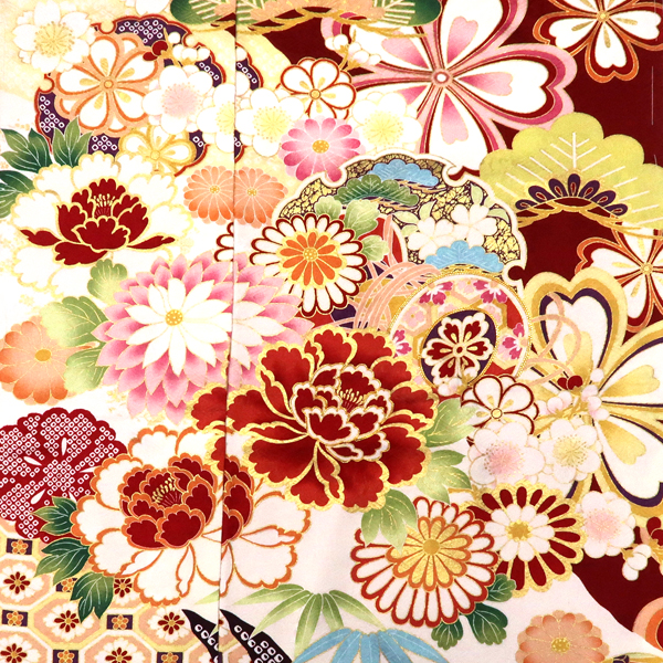 振袖 古典柄 道長取り 牡丹 松竹梅 ワインレッド 正絹 フォーマル 着物 成人式 枚目