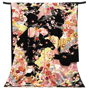 振袖 黒 古典柄 雲取り 牡丹 毬 正絹 フォーマル 着物 成人式［110,000円］