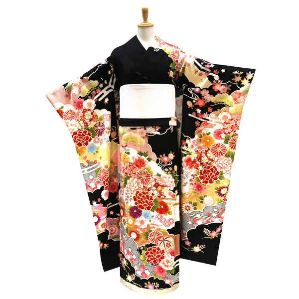 振袖 黒 古典柄 雲取り 牡丹 毬 正絹 フォーマル 着物 成人式［110,000円］ 枚目