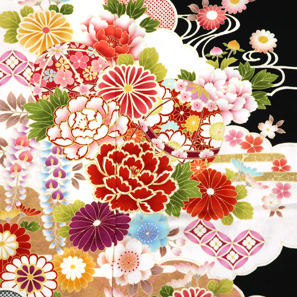 振袖 黒 古典柄 雲取り 牡丹 毬 正絹 フォーマル 着物 成人式［110,000円］ 枚目