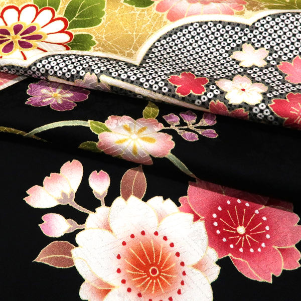 振袖 黒 古典柄 雲取り 牡丹 毬 正絹 フォーマル 着物 成人式［110,000円］ 枚目