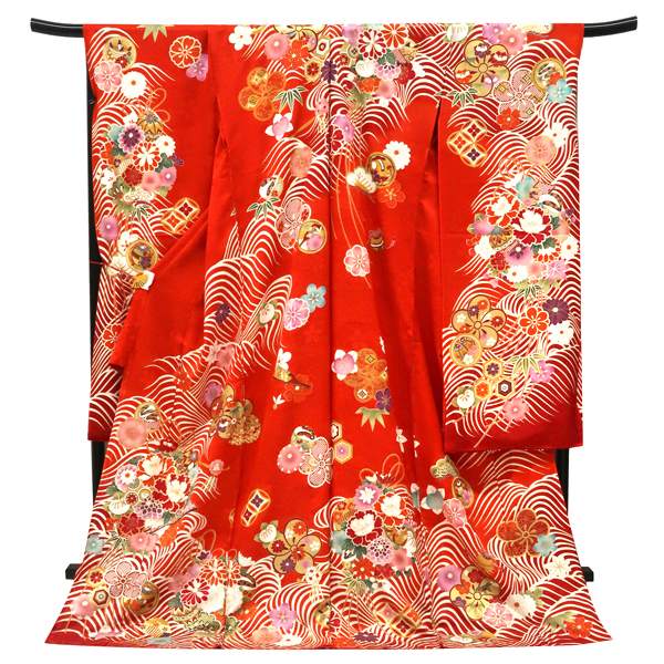 型染め京友禅 振袖 朱色 赤 古典柄 花くす玉 菊 桜 こっぽり 正絹 フォーマル 着物 成人式［143,000円］ 枚目