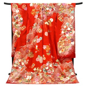 型染め京友禅 振袖 朱色 赤 古典柄 花くす玉 菊 桜 こっぽり 正絹 フォーマル 着物 成人式［143,000円］