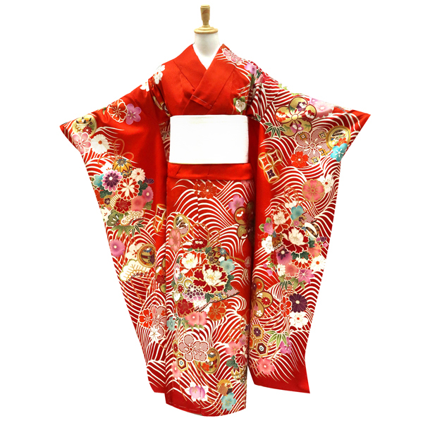 型染め京友禅 振袖 朱色 赤 古典柄 花くす玉 菊 桜 こっぽり 正絹 フォーマル 着物 成人式［143,000円］ 枚目