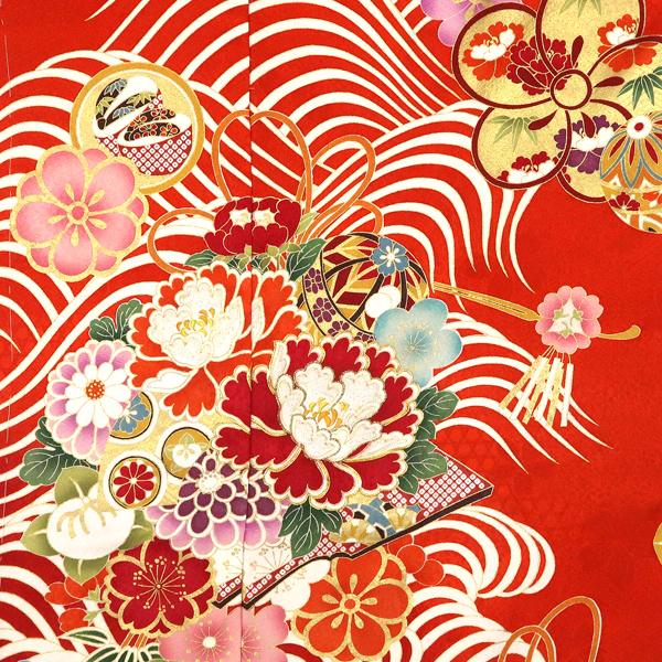 型染め京友禅 振袖 朱色 赤 古典柄 花くす玉 菊 桜 こっぽり 正絹 フォーマル 着物 成人式［143,000円］ 枚目