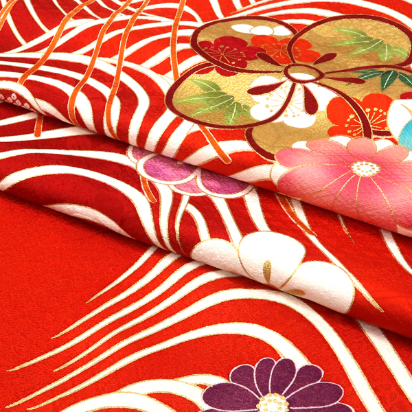 型染め京友禅 振袖 朱色 赤 古典柄 花くす玉 菊 桜 こっぽり 正絹 フォーマル 着物 成人式［143,000円］ 枚目