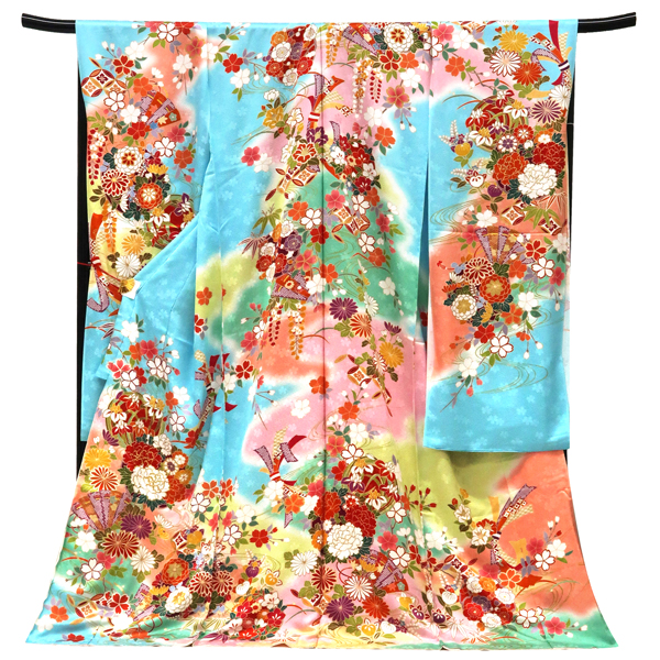 振袖 水色 古典柄 花の丸 牡丹  桜 牡丹 正絹 フォーマル 着物 成人式［121,000円］ 枚目