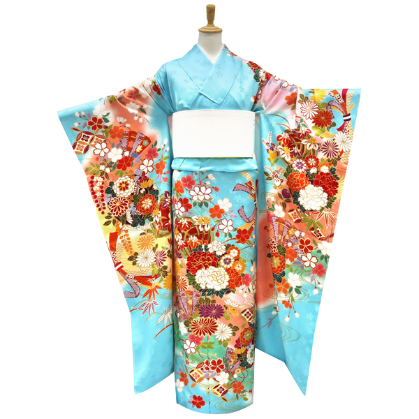 振袖 水色 古典柄 花の丸 牡丹  桜 牡丹 正絹 フォーマル 着物 成人式［121,000円］ 枚目