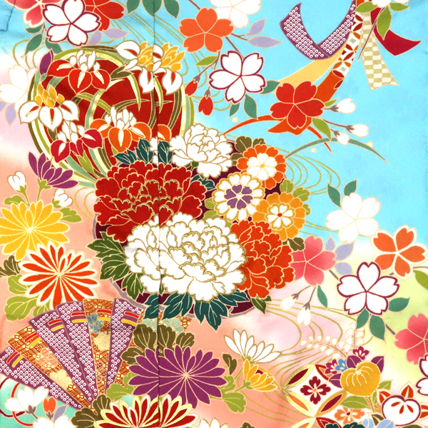 振袖 水色 古典柄 花の丸 牡丹  桜 牡丹 正絹 フォーマル 着物 成人式［121,000円］ 枚目